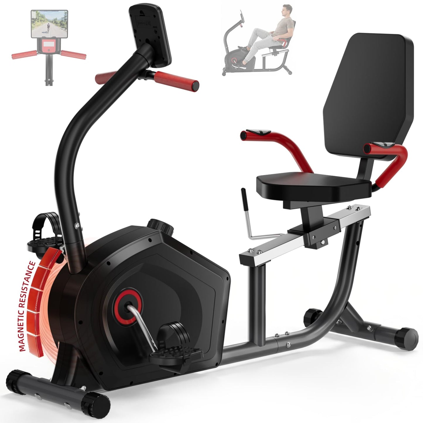 Recumbent Exercise Bikes for Home Use, Quiet Magnetic Stationary Bikes for Seniors & Adults, with 16-level Resistance, 400LB Weight Capacity, Adjustable Comfortable Seat, LCD Monitor and Pulse Sensors