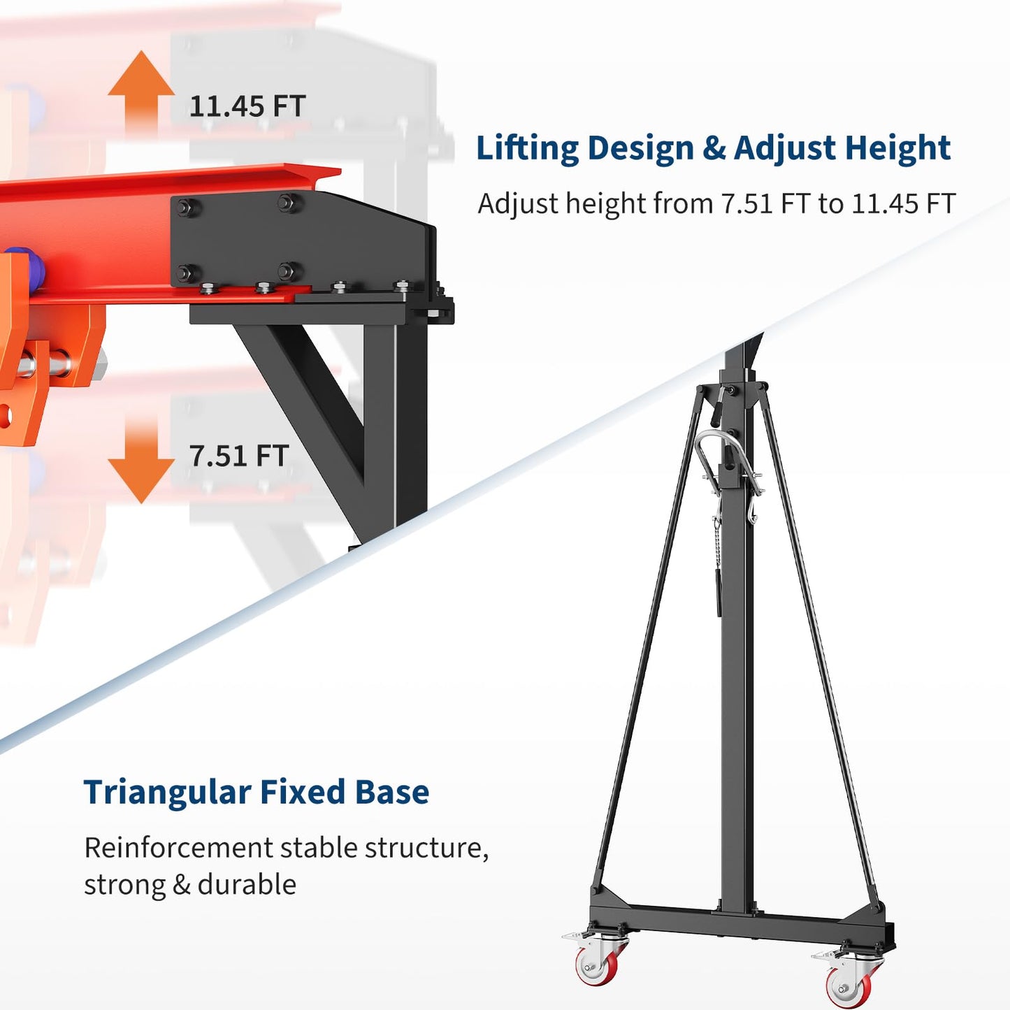 2200 LBS Gantry Crane with Manual Trolley, 1 Ton Gantry Crane with 8-12 FT Adjustable Height, Shop Crane Lift Hoist for Warehouse, Factory(with Hooks, Shackles)