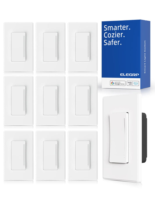 ELEGRP Smart Dimmer Light Switch DTR10, Single Pole Setup, 2.4GHz Wi-Fi Touch Dimmer Compatible with Alexa/Google Assistant, Needs Neutral Wire, No Hub Required, UL Listed, Matte White, 10 Pack