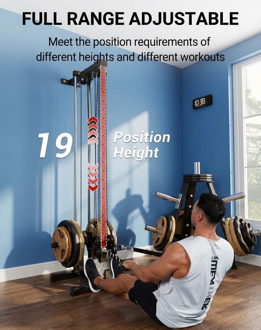 Wall Mount Cable Machine, 19-Position Dual Pulley LAT Pulldown & Crossover System for Home Gym, 400lb Capacity, Garage & Apartment Strength Equipment