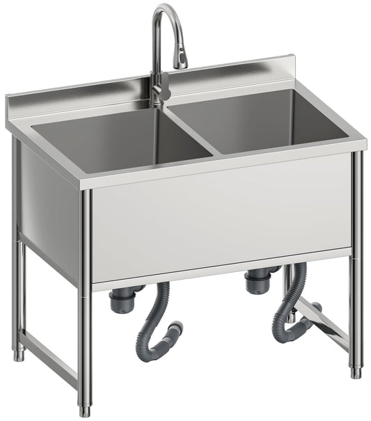 35" Stainless Steel Commercial Sink 2 Bowl Freestanding Kitchen Sink with Pull-out Faucet, Large Utility Sink for Kitchen, Dishwashing, Thawing, Laundry Room, Garage, Outdoor, Total Capacity 36 Gallon