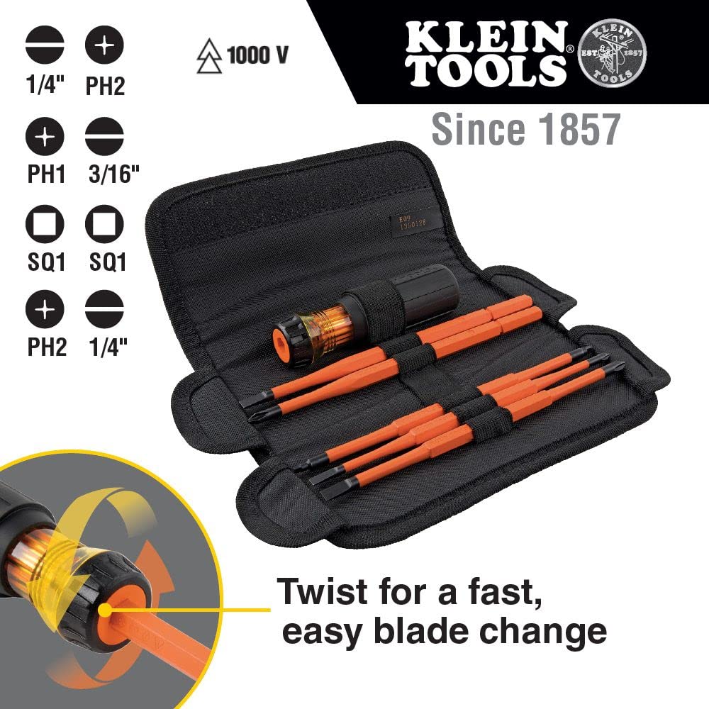 Klein Tools 80080 Hand Tool Kit includes 2 Screwdrivers & 32288 Insulated Screwdriver, 8-in-1 Screwdriver Set with Interchangeable Blades, 3 Phillips, 3 Slotted and 2 Square Tips