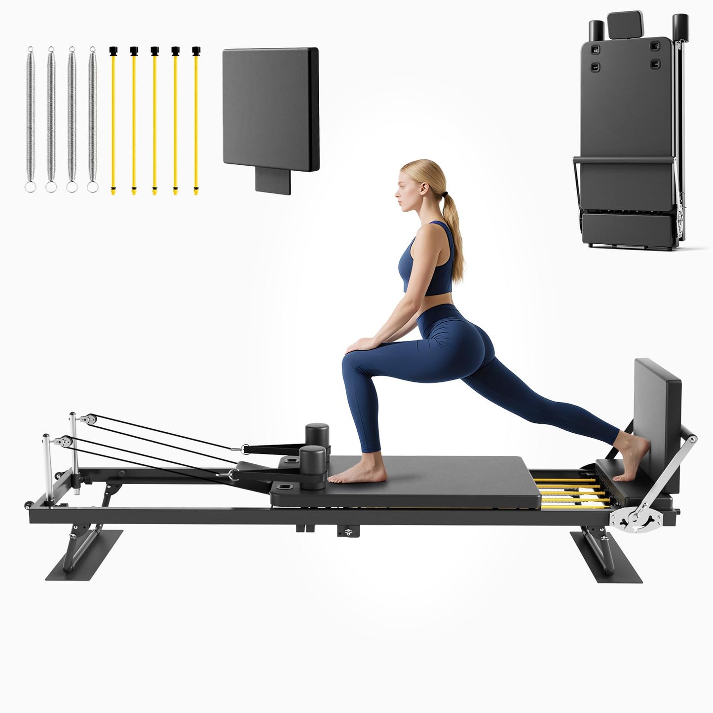 Buytime Pilates Reformer, 91" Foldable Pilates Reformer Machine with Jump Board & Dual Resistance, Reformer Pilates Machine for Beginners and Advanced Users, Up to 500 lbs Weight Capacity, Black
