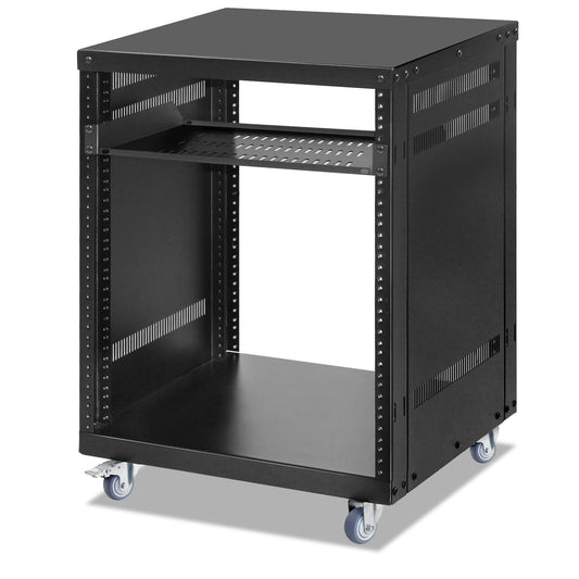 12U Rack with Caster Wheels, Heavy-Duty AV Rack with Adjustable Steel Shelf, Open Frame Server Rack for IT, AV, Data & Computer Equipment, 500lb Capacity, 19.7" W x 17.7" D x 26.8" H