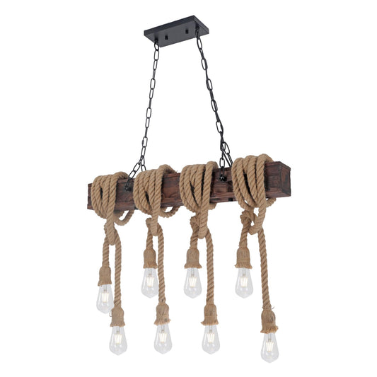 KEESFU Farmhouse Light Fixtures Rustic Chandelier，8-Light Kitchen Island Light Height Adjustable，Hemp Rope Pendant Light for Kitchen Dining Room Bar.