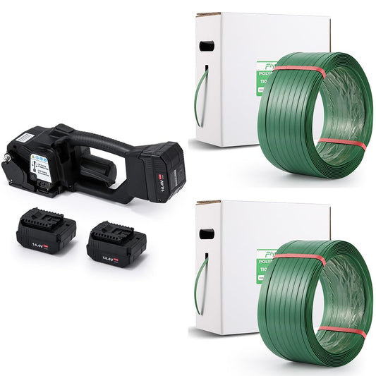 Flyrivergo 4000mah Electric Strapping Machine + Two 1046' Polyester(PET) Heavy Duty Strapping Roll (Adaptive)