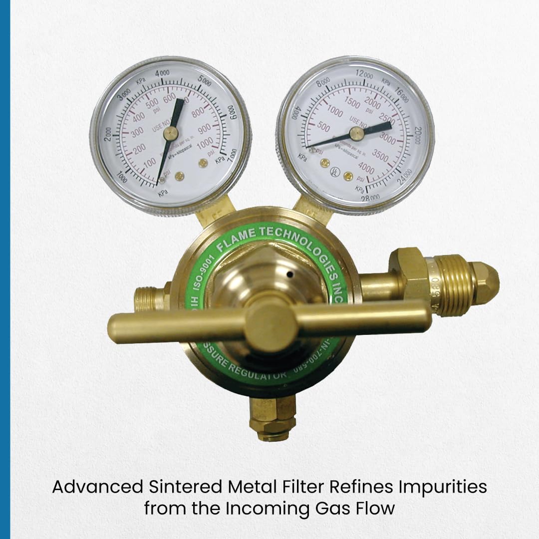 Flame Tech High-Pressure Piston Regulator for Inert Gases, Regulator for Nitrogen and Argon Gas, Forged Brass Body and Bonnet, Easy to Read Dual Scale, Precise Stabilized Control