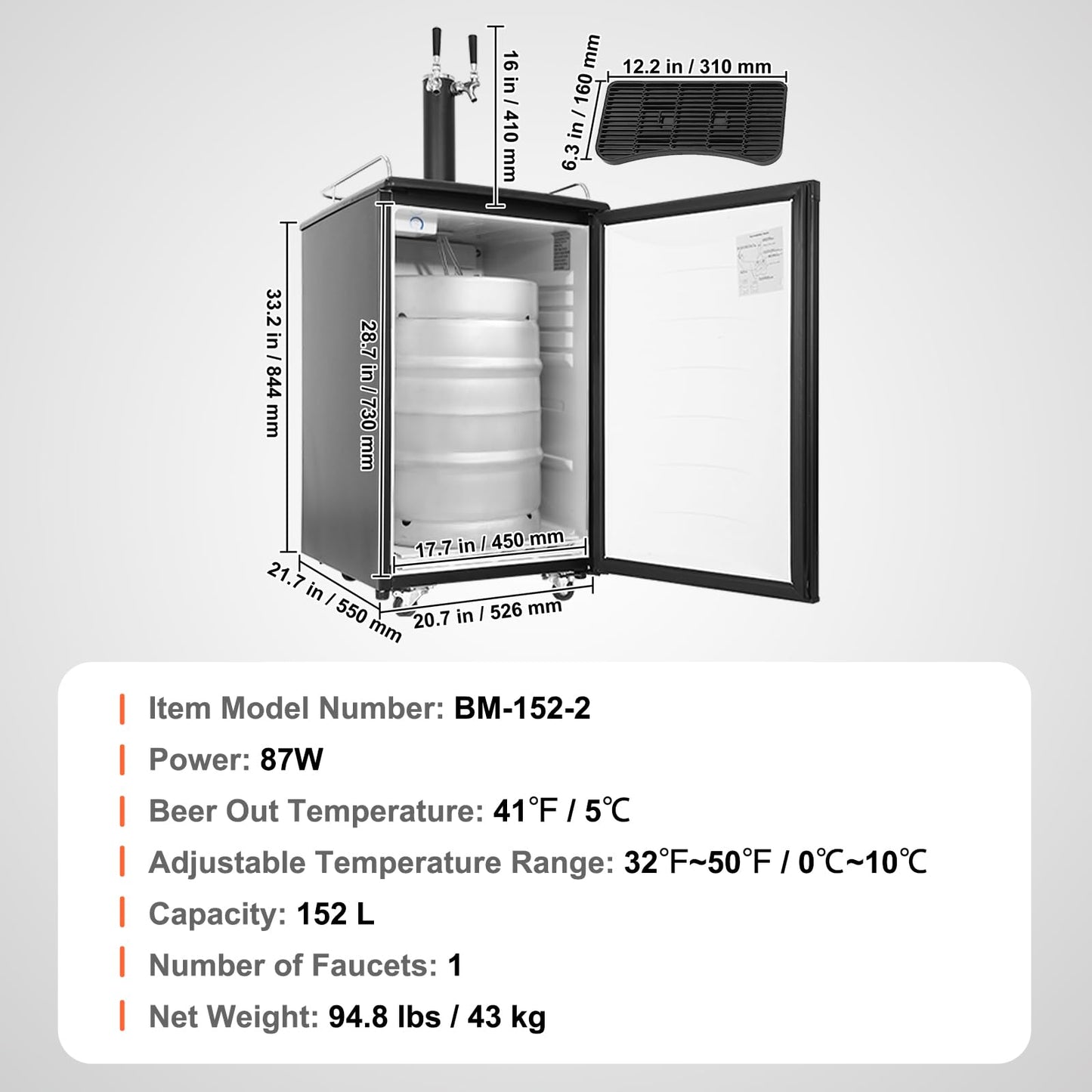 VEVOR Beer Kegerator, Dual Tap Commercial Draft Beer Dispenser for D system, Full Size Keg Refrigerator with 5lbs CO2 Tank, Hold 2 Sixth / 2 Ball lock keg, Black