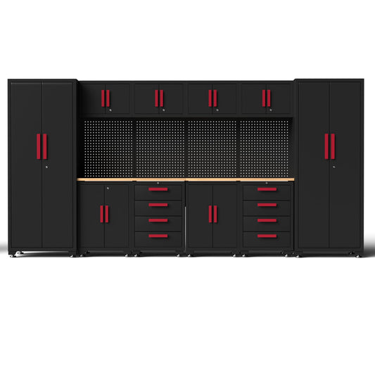 Tsnritor Garage Storage Cabinet System, 12Pcs Garage Cabinets and Storage System Corner Workshop Set with Corner Cabinet, Cabinet Drawers, Workbench, Pegboard for Tool Organization, Black Red