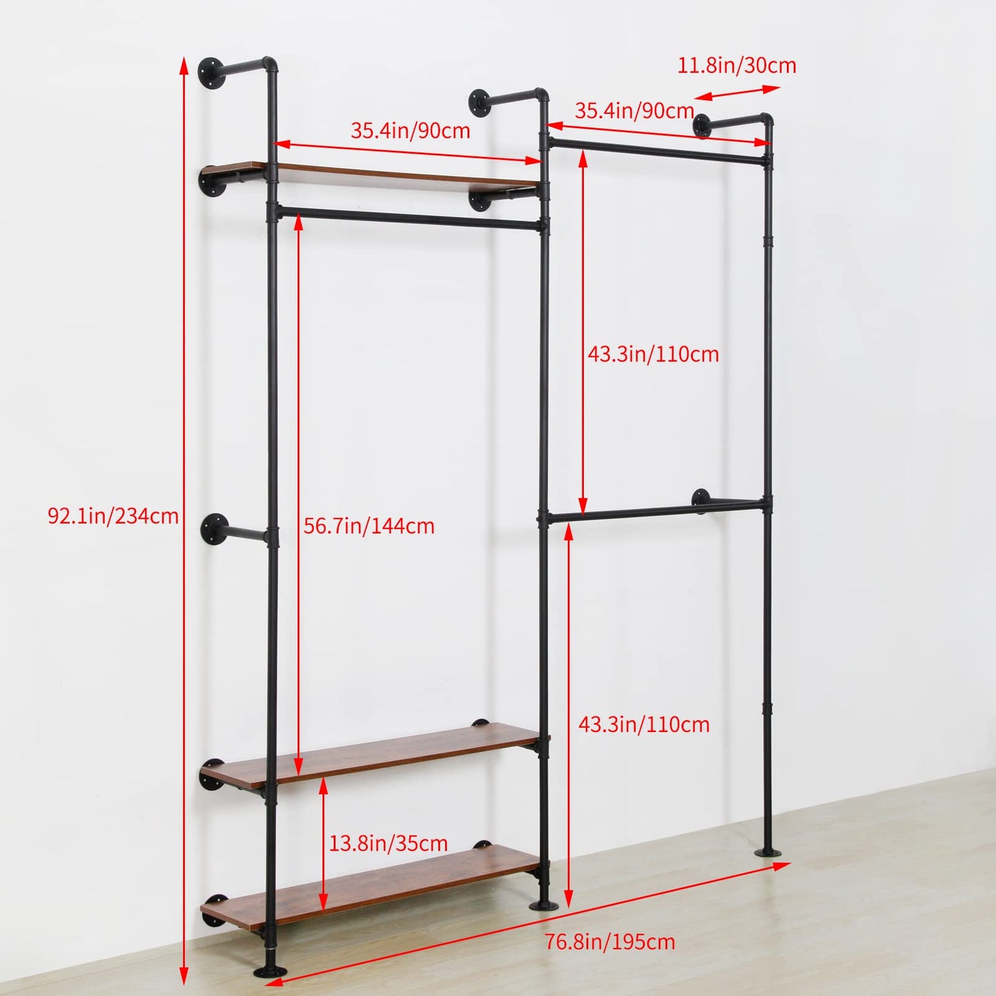 EDCB Clothes Rack Wall Mounted Clothing Rack Heavy Duty Metal Garment Rack Hanging Clothes Rack, Closet Hanger Rack with Shoe Rack (Black, 92.1X76.8inch)