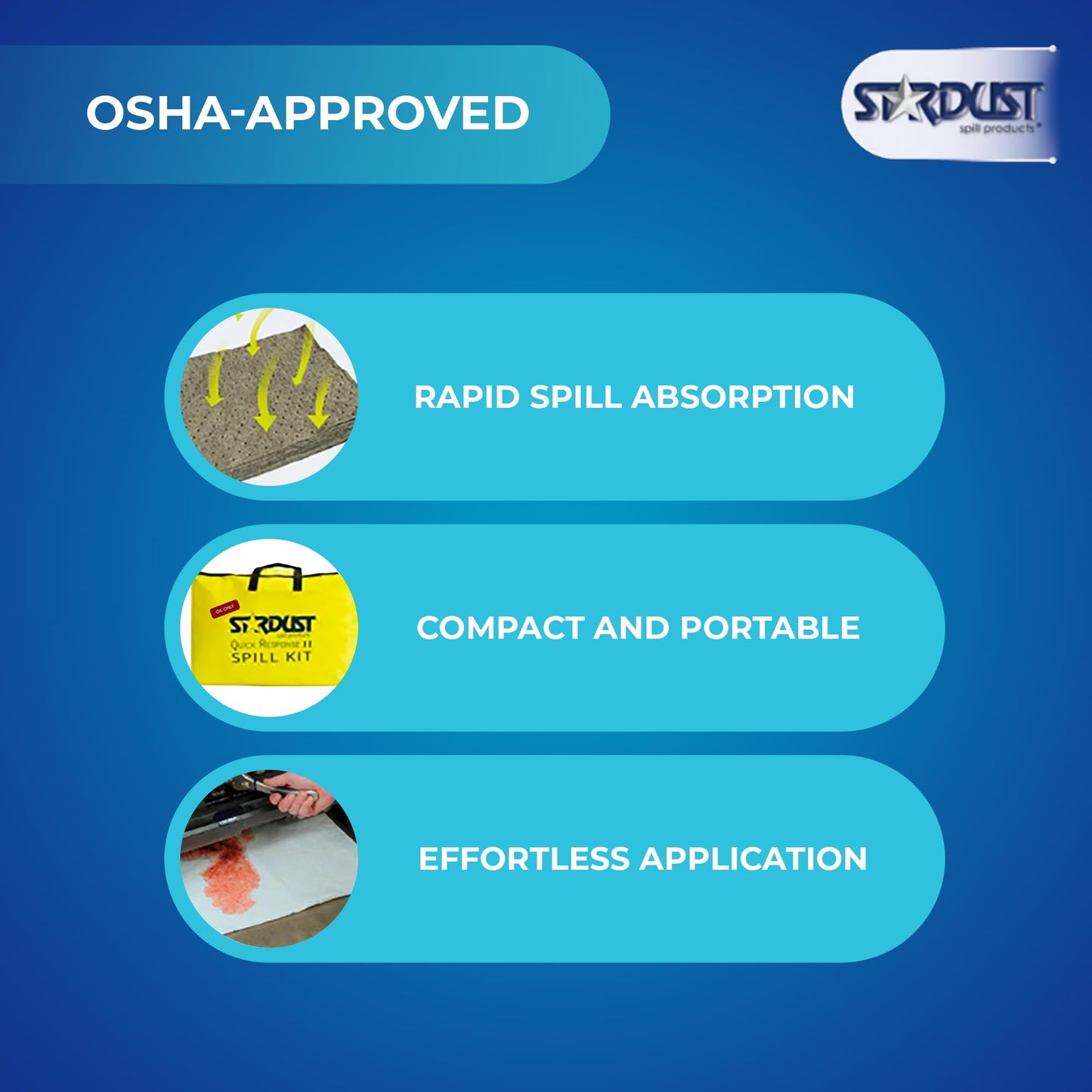 Stardust Spill Products Oil-Only Spill Kit – OSHA Compliant Solution for Vehicles, Industrial, & Restaurant Use, Emergency Response Oil Cleanup, 12-Pack