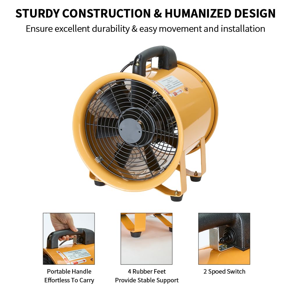 ONNAO Utility Blower Fan 8 inch Ventilator 3300RPM Extractor Industrial 1500 m3/h High Velocity Portable Ventilation Fan with 16 ft Flexible Duct Hose