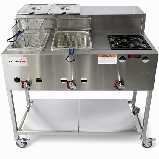 Stainless Steel Propane Deep Fryer Cart with Vortex Stove-3 in 1 with Food Steamers-Cast Iron Burner Stove-with Hose & Regulator + Thermometer-Ideal for Commercial and Home Use