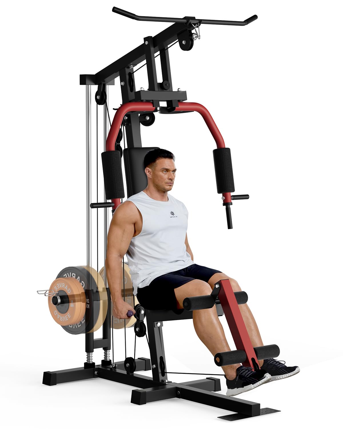 Multifunctional Home Gym Machine, Full Body Workout Equipment with Leg Press, Exercise Equipment for Strength Training, Workout Station Suit for 1"&2" Holes of Weight Plates (Not Includ), Red&Black
