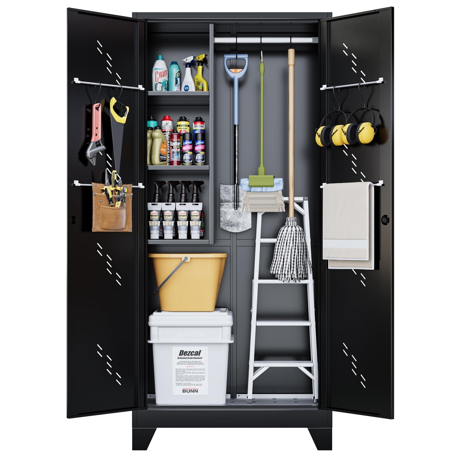 ZONLESON Metal Storage Cabinet, 75" Tall Garage Storage, Utility Cabinet for Brooms and Mops, Metal Locker with Hanging Rod for Garage, Home, Office, Laundry Room, School, Gym, Warehouses, Black