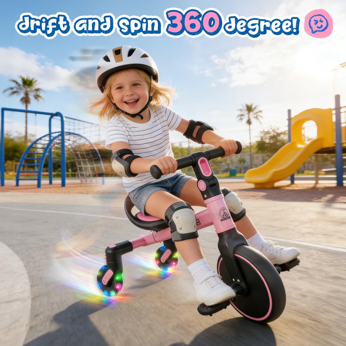 Ridego 3-in-1 Toddler Tricycle for 2-5 Years, Drift Trike with 360° Spin, Light Up Wheels, Adjustable Seat, Toddler Bike for Boys Girls