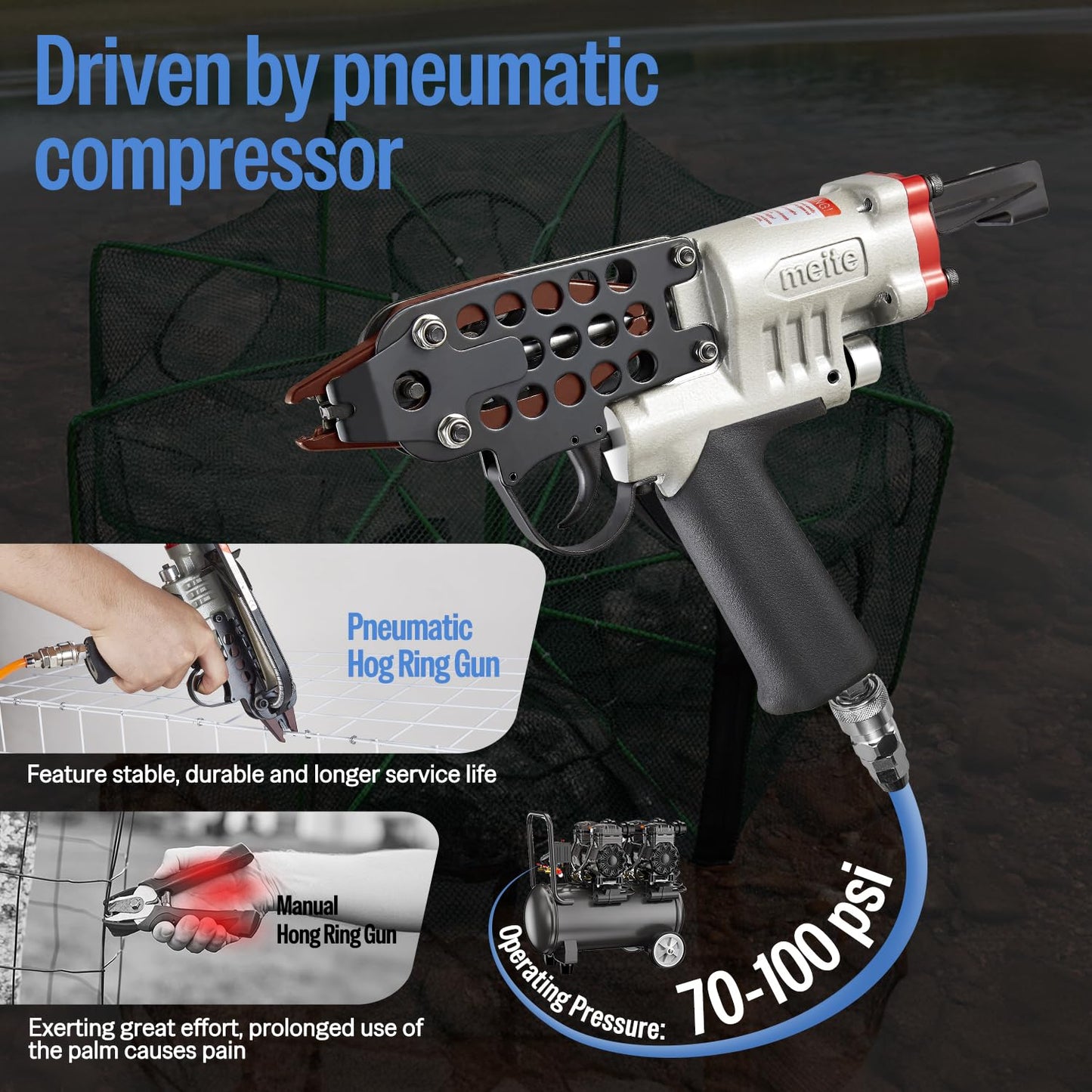 meite SC760C-I2 Pneumatic Hog Ring Gun with 3600PCS 16GA Hog Rings, 16 Gauge 1/2" Crown Hog Ring Pliers, 2.6-3.6 mm Closure, Upgrade Trigger Air C Ringer Pliers for Fencing, Bag Closing