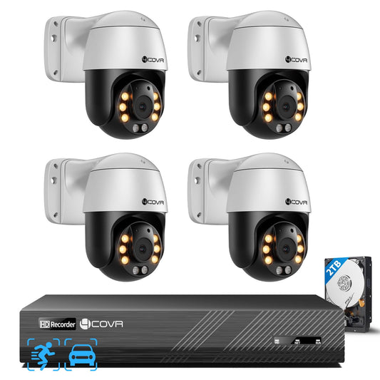 4COVR PoE PTZ Security Camera System, 350ｰ Pan 90ｰ Tilt 3X Digital Zoom, 4X 5MP PoE IP Camera, 8CH 4K NVR & 2TB HDD, AI Human Vehicle Detection, Smart Color Night Vision, Two Way Audio, LYM2XP5M0804