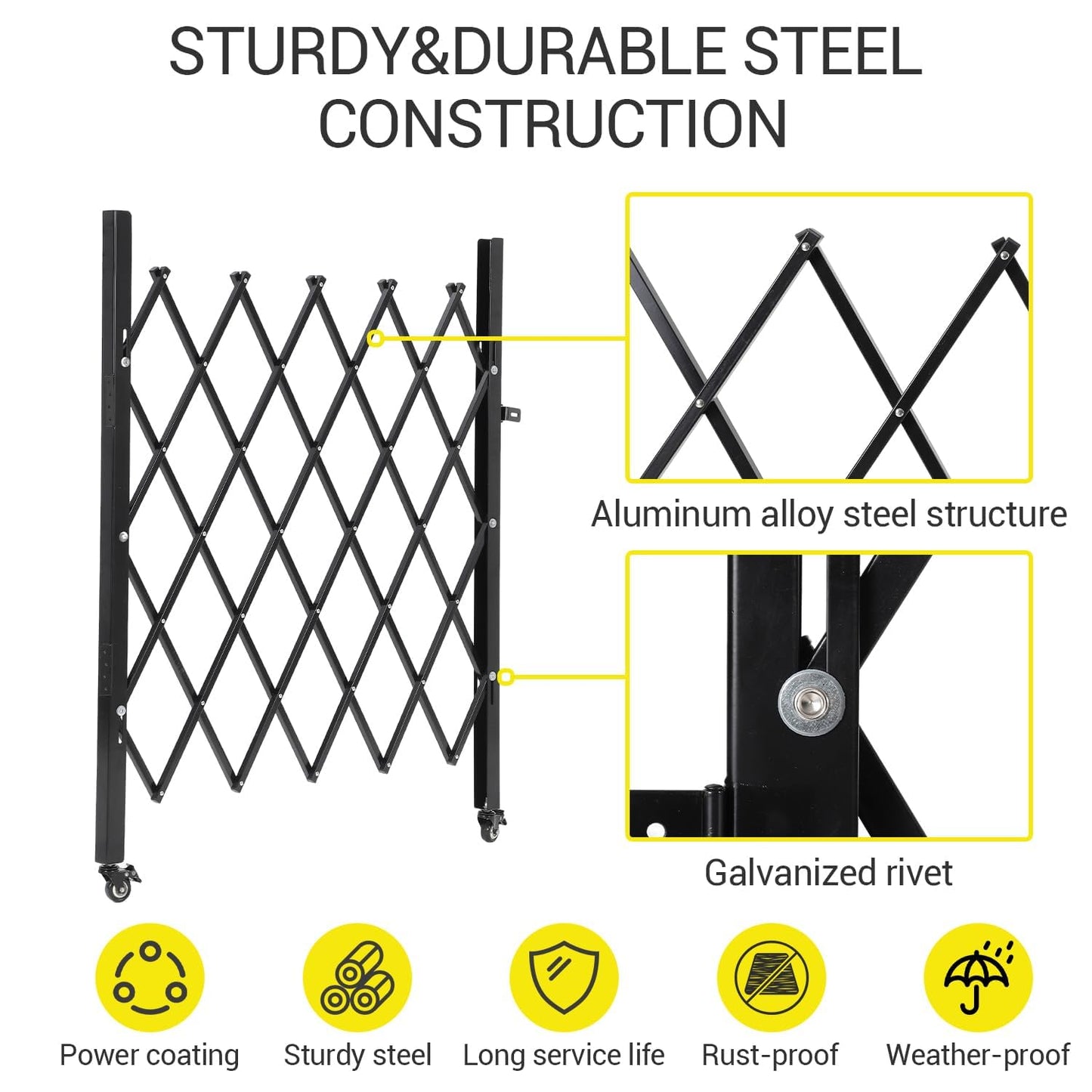 Single Expandable Gate, 87"H x 85"W Folding Security Door Gate, 360° Rolling Barricade Gate, Heavy-Duty Steel Outdoor Retractable Lockable Scissor Gates for Courtyards, Garages, Gardens, Pool