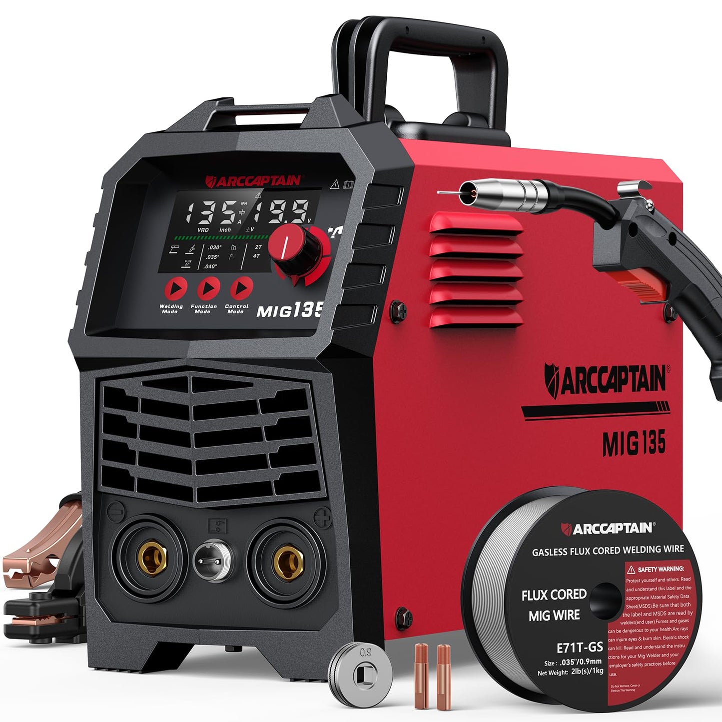 ARCCAPTAIN 135A MIG Welder [Large LED Display] 110V Welder Flux Core MIG, Lift TIG, Stick, 3 in 1 Welding Machine Gasless MIG Welder Machine 110V, IGBT Inverter Welder with Synergy, 2T/4T