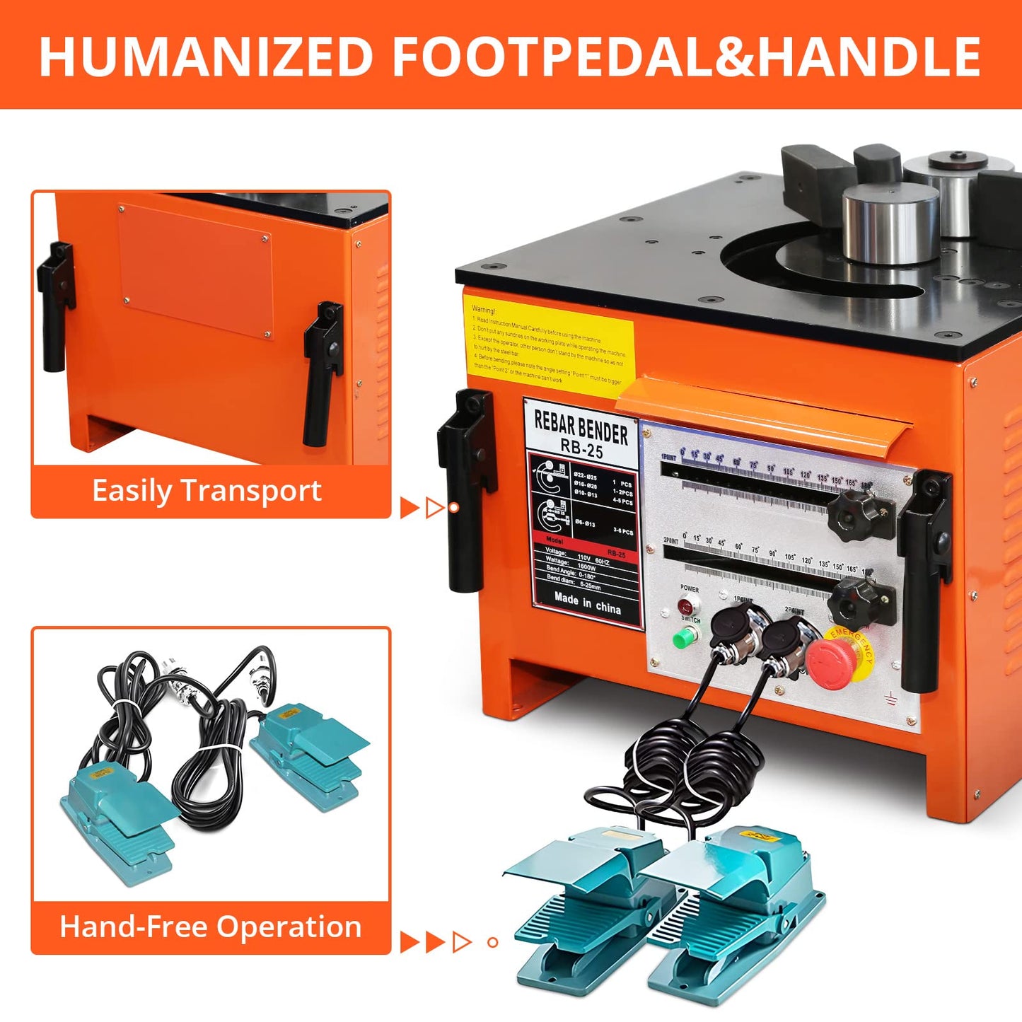 1600W Electric Rebar Bender Machine up to 1 inch with Our Electric Bender - Achieve 0-180° Angles, Operate with Convenient Foot Pedal Switch, and Benefit from Powerful Motor