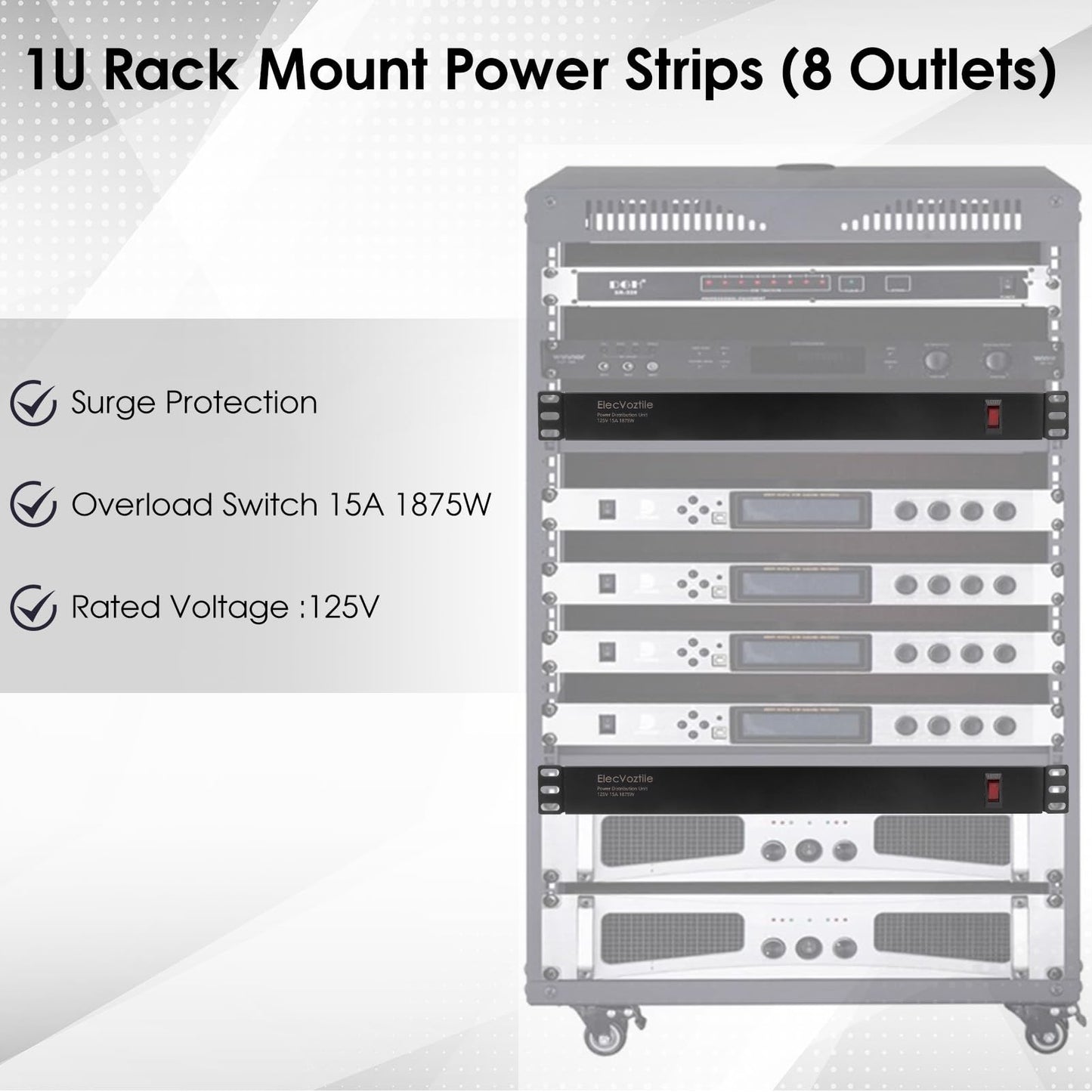ElecVoztile 8 Outlet Rack Mount PDU Power Strip, 1020J Surge Protection & 15A Overload Switch, Fits 19'' Network Server Rack, 6ft 14AWG Cord, 1U RackMount, Rear Plug