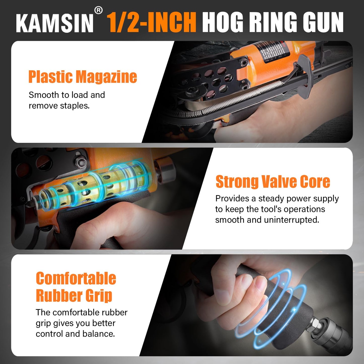 KAMSIN K-SC760 16 Gauge Pneumatic Hog Ring Gun with 1000PCS Hog Ring Staples, 1/2-Inch Crown, 3.0-4.8mm Closure Diameter Hog Ring Pliers C Ring Gun for Mattress, Fencing, Wire Cages