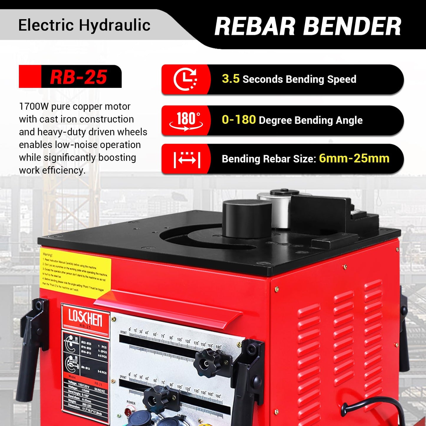 LOSCHEN Electric Hydraulic Rebar Bender,Bending Angle 0-180 Degrees,Bending up to 1 Inch #8 6-25mm Rebar,with Foot Pedal,Bending Rebar, Steel Bar, Steel Rod,1700W Desktop Electric Rebar Bender