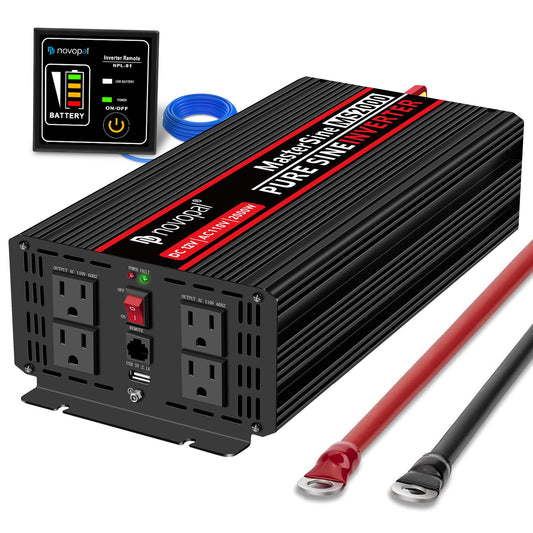 NOVOPAL 2000W Pure Sine Wave Power Inverter 2000 Watt 12V DC to 110V 120V AC,4 AC Outlets, 1 x USB Ports for Off-Grid Solar Car RV Truck Boat with 16FT Wired Remote