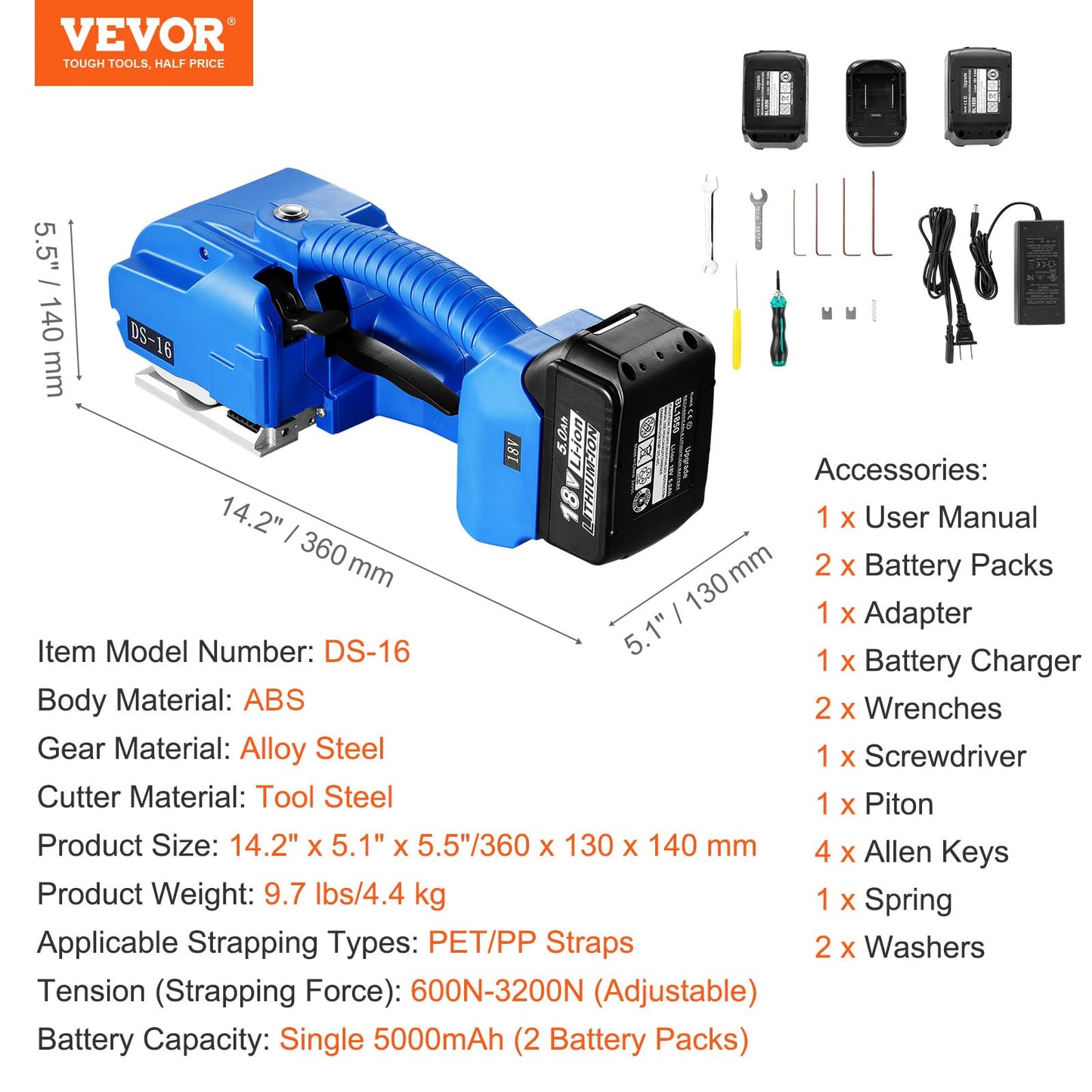 VEVOR Electric Strapping Machine, for 0.35"-0.63" PP PET Straps, Portable Electric Banding Tool with Digital Display, 2 x 5000mAh Battery Powered Automatic Strapping Tool for Packaging Box Pallet