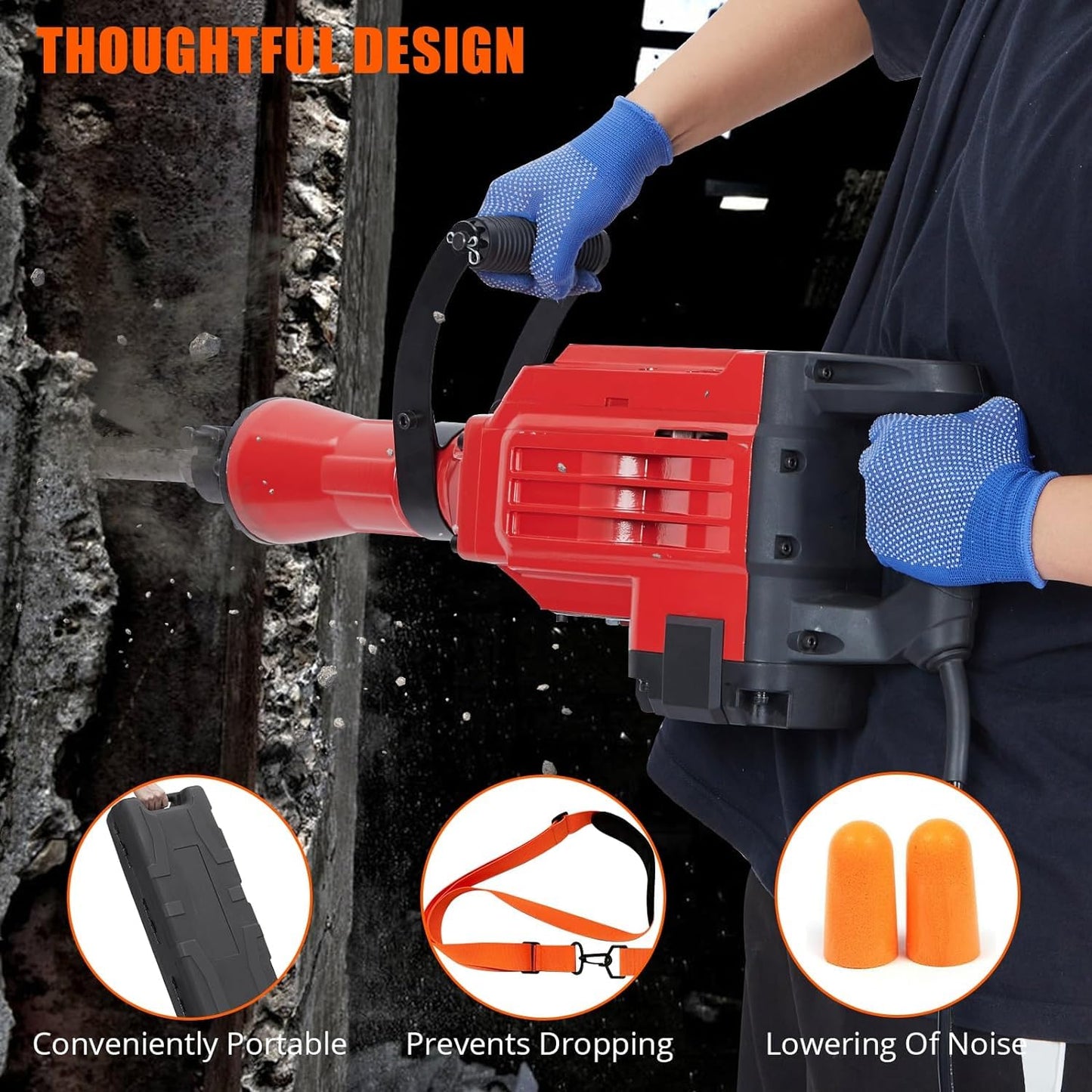 GAOMON 3600W Demolition Electric Jack Hammer with 6pcs Chisels Bit Set, Concrete Breaker Tool Kit Heavy Duty Power Hammer