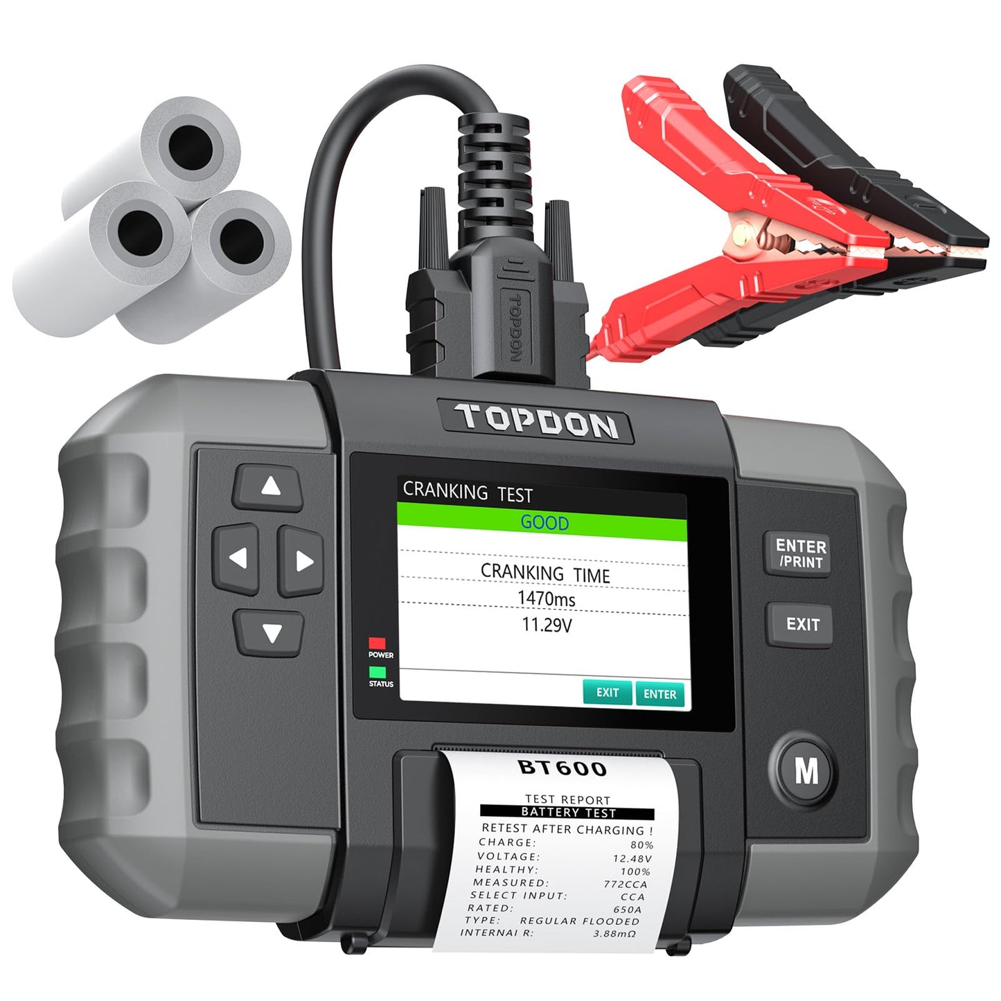 Car Battery Tester, TOPDON BT600 12V, 12V/24V Cranking Tests and Charging Alternator Load 100-2000CCA Digital Battery Voltage Tester, 3.5" Screen with Built-in Printer