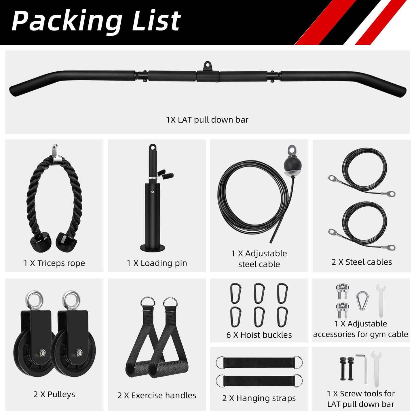 LFJ LAT Pull Down and Lift Weight Pulley System Cable Machine Pulley Attachment for Triceps Pull Down, Biceps Curl, Back, Forearm, Shoulder Home Gym Equipment (Set with Adjustable Bar)