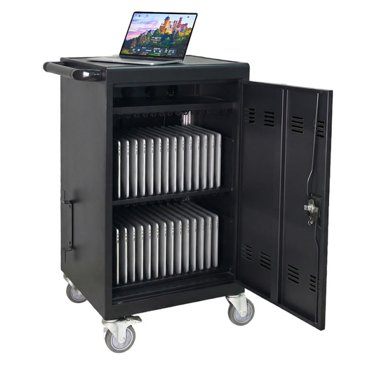 30-Device Mobile Charging Cart with Charging Power Strip and Front and Rear Access Locks, Cable Management, Up to 16.3", Safe Charging Cabinet for Ipads, Chromebooks, Tablets, Laptops Black