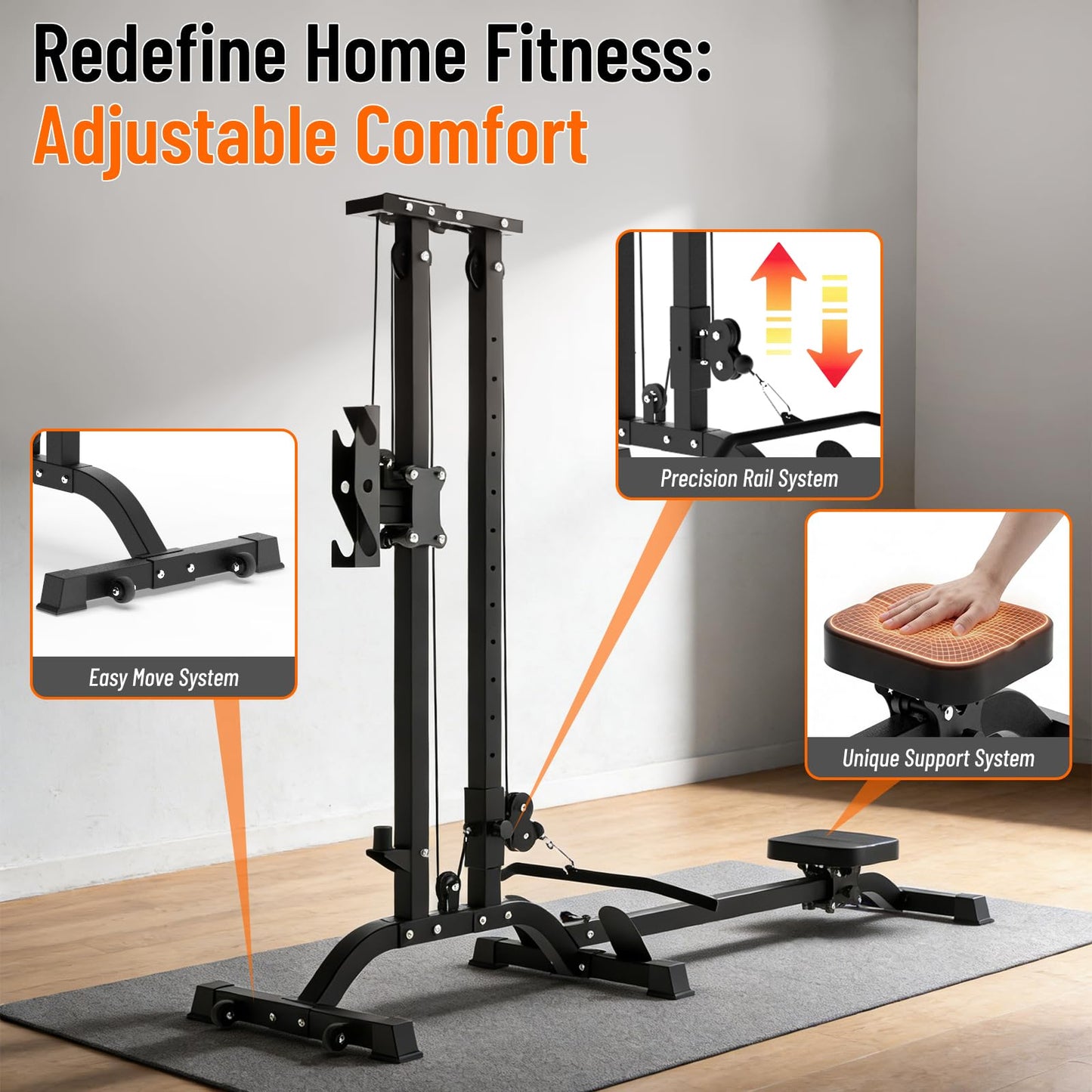 TOUSAINS CR63 Foldable Cable Machine for Home Gym, 330LBS LAT Pulldown & Seated Low Row Machine, Wall Mounted Compact Pulley System, Space Saving Home Gym Equipment, Olympic Plates Compatible