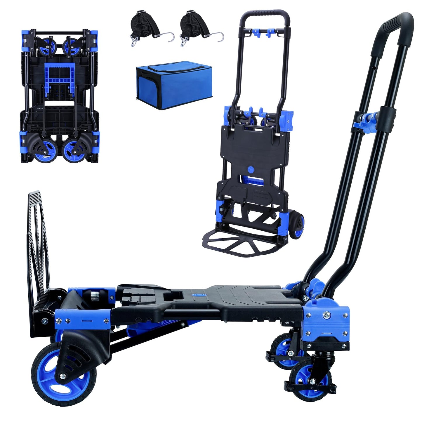2-1 Folding Hand Truck Dolly,330LBS Capacity Dolly Cart,Foldable Dolly Hand Truck with Retractable Handle and 4 Rubber Wheels,Hand Cart Foldable for Luggage/Travel/Office/Moving