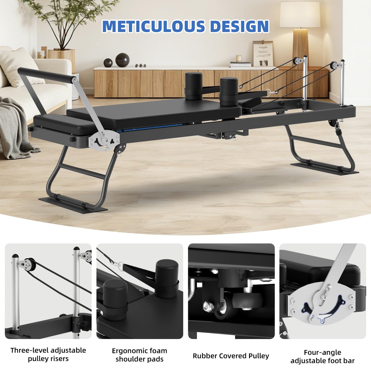 Foldable Pilates Reformer for Home Use Pilates Reformer Machine with Adjustable Resistance Bands Space-Saving Pilates Machine for Core Strength&Full Body Workout