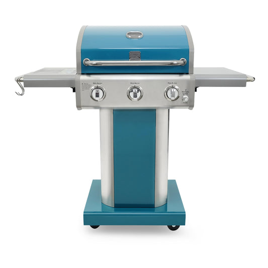 Kenmore 3-Burner Propane BBQ Grill, 30,000 BTUs Gas Grill with Cast Iron Cooking Grates, Folding Side Tables & Wheels, Outdoor Grill with Tool Hooks, Teal
