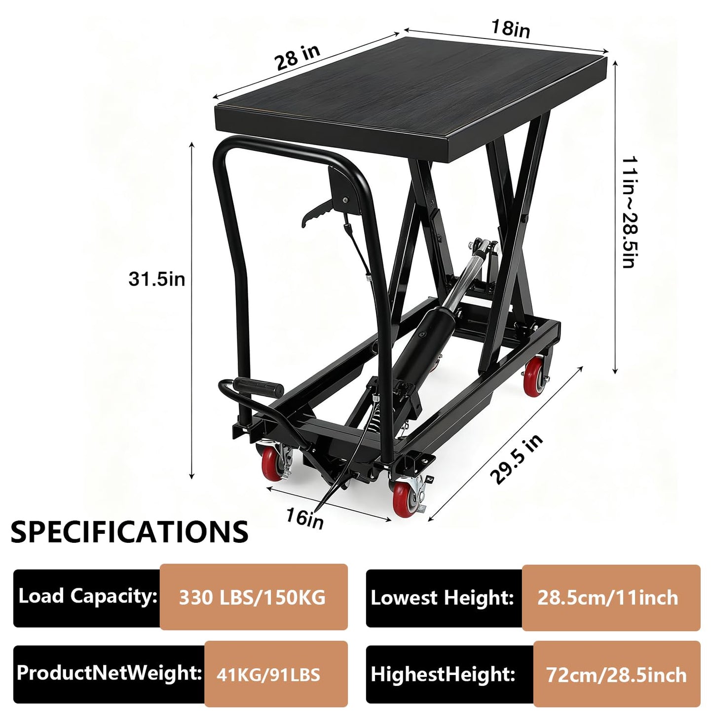 Hydraulic Lift Table, 330 Lbs Capacity, 28.4" Lifting Height, Single Scissor Lift Table Cart with 4 Wheels and Non-Slip Pad, Manual Hydraulic Lifting Cart (Black-330-Single)
