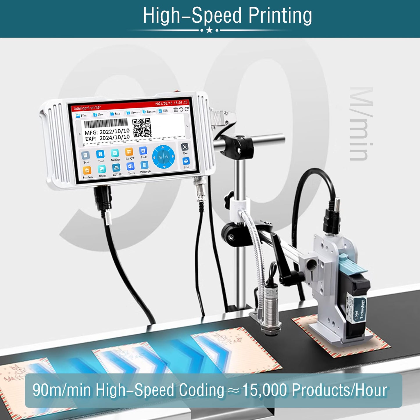 Phezer 0.5inch/12.7mm Automatic Online Inkjet Coding Machine for Production Line, 23 Languages, Intelligent Variable Data/Date/Logo/Barcode/Image Thermal Inkjet Printer, (1 Nozzle, 0-70M/min, PW1)