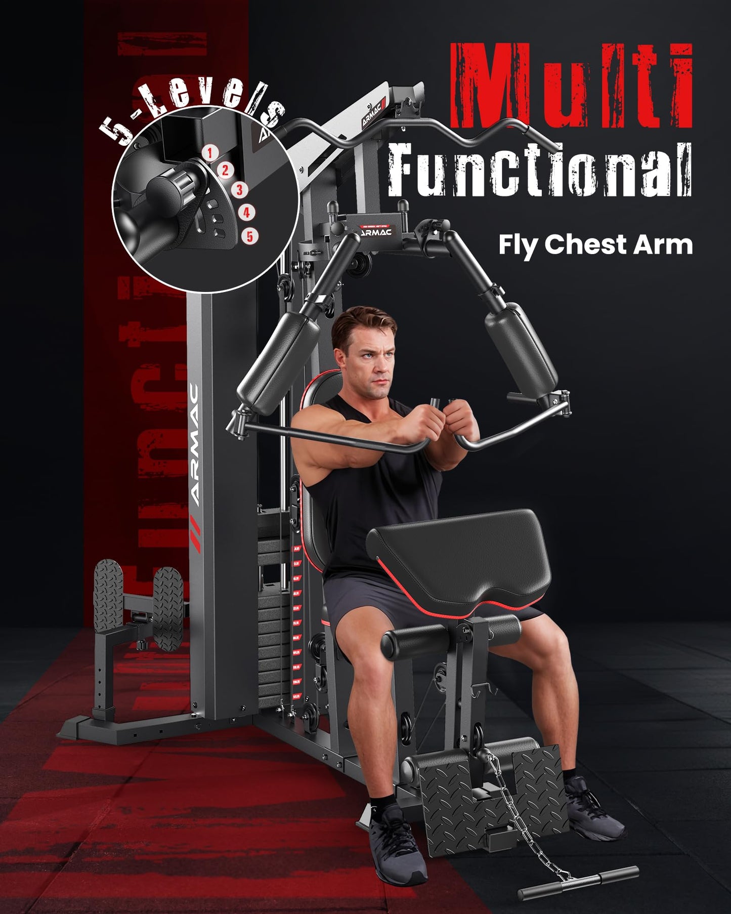 Sportsroyals Home Gym, Multifunctional Gym Equipment, Workout Equipment with 150LBS Weight Stack, for Leg Press, LAT Pull Down, Chest Presses (AR-RED)
