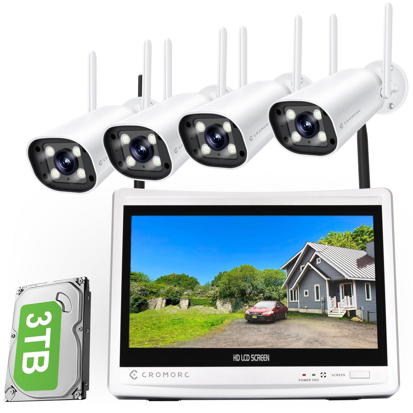 Cromorc Expandable 16CH NVR Wireless Security Camera System with 12.5" Monitor, 4PCS 5MP Surveillance Camera Human Detection, Spotlight, Siren Alarm, 2-Way Audio, Night Vision, 3TB HDD