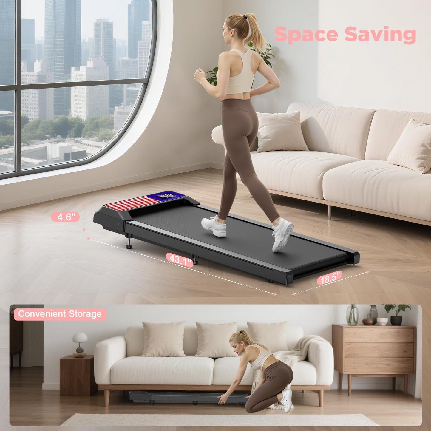 Walking Treadmill Pad Under-Desk with Incline - 2.5HP Home Running Pad LED Display Exercise Machine with Remote Control