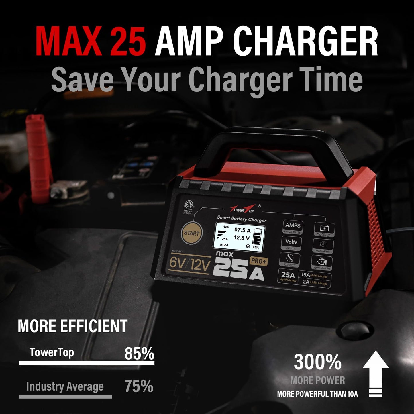 TowerTop 25A Pro+ Battery Charger, 6V/12V Car Battery Charger Fully Automatic Smart Battery Maintainer with Engine Start, Auto Desulfator, Battery Repair, for All Lead-Acid, AGM and LiFePO4 Batteries
