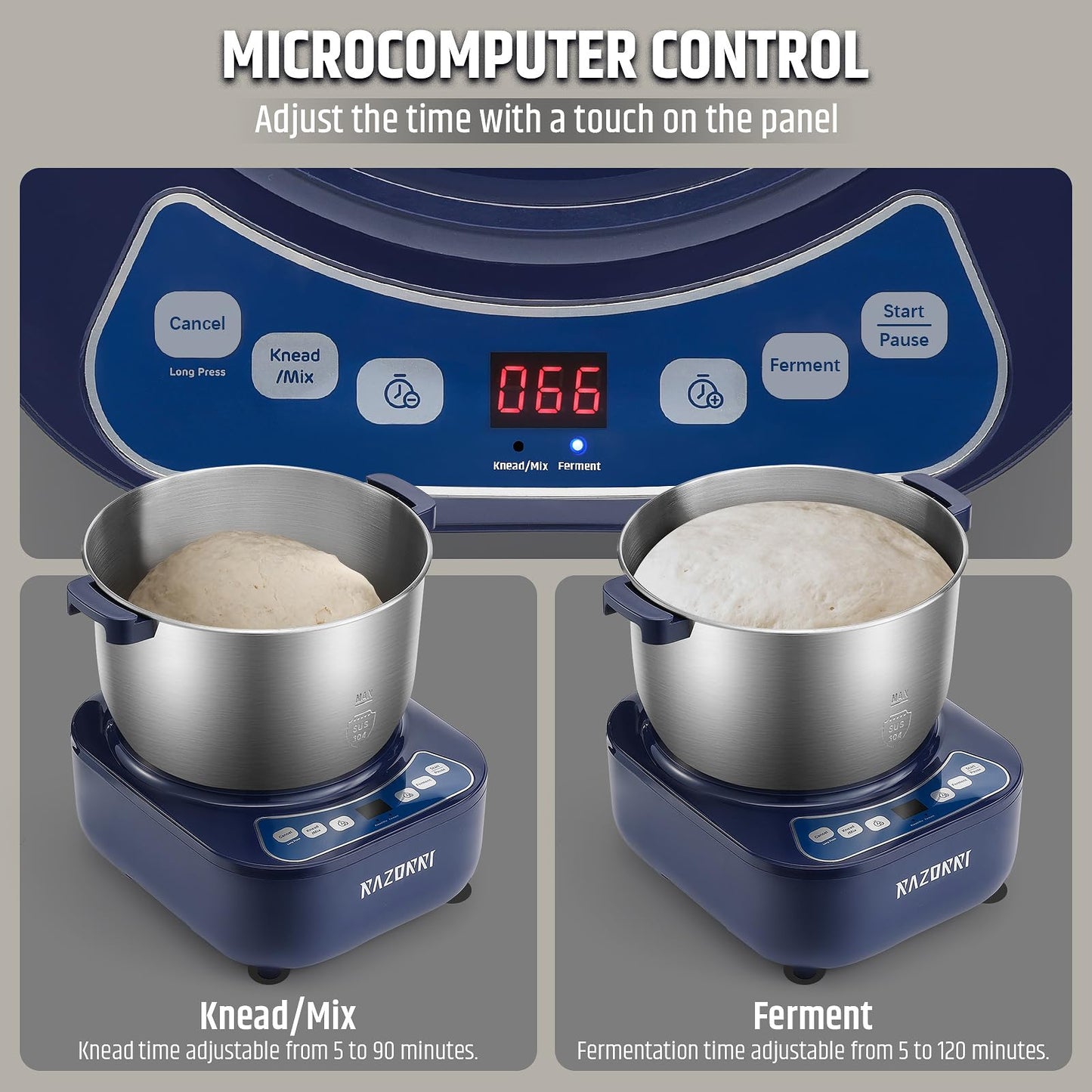 Razorri Electric Dough Maker, 5L 4.5QT Household Dough Mixer with Ferment Function, Microcomputer Timer, Stuffing Blade & Stainless Steel Bowl for Bread, Pizza, Noodles, Dumplings