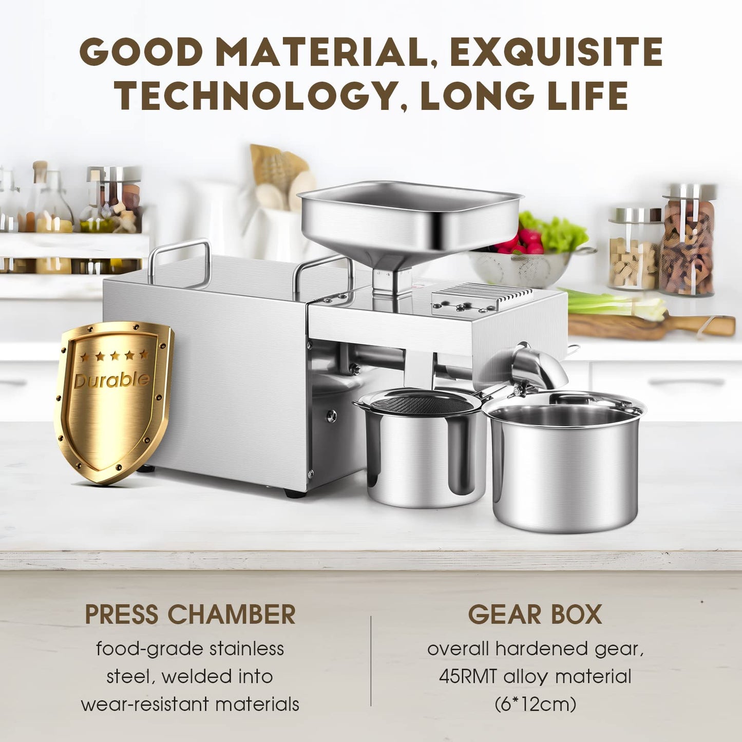 CGOLDENWALL 1500W Commercial Automatic Oil Press Machine Industrial Oil pressing machine Nuts Seeds Oil Presser Pressing Machine Cold Hot Press All Stainless Steel High Oil Extractor CE (Silver, 110V)