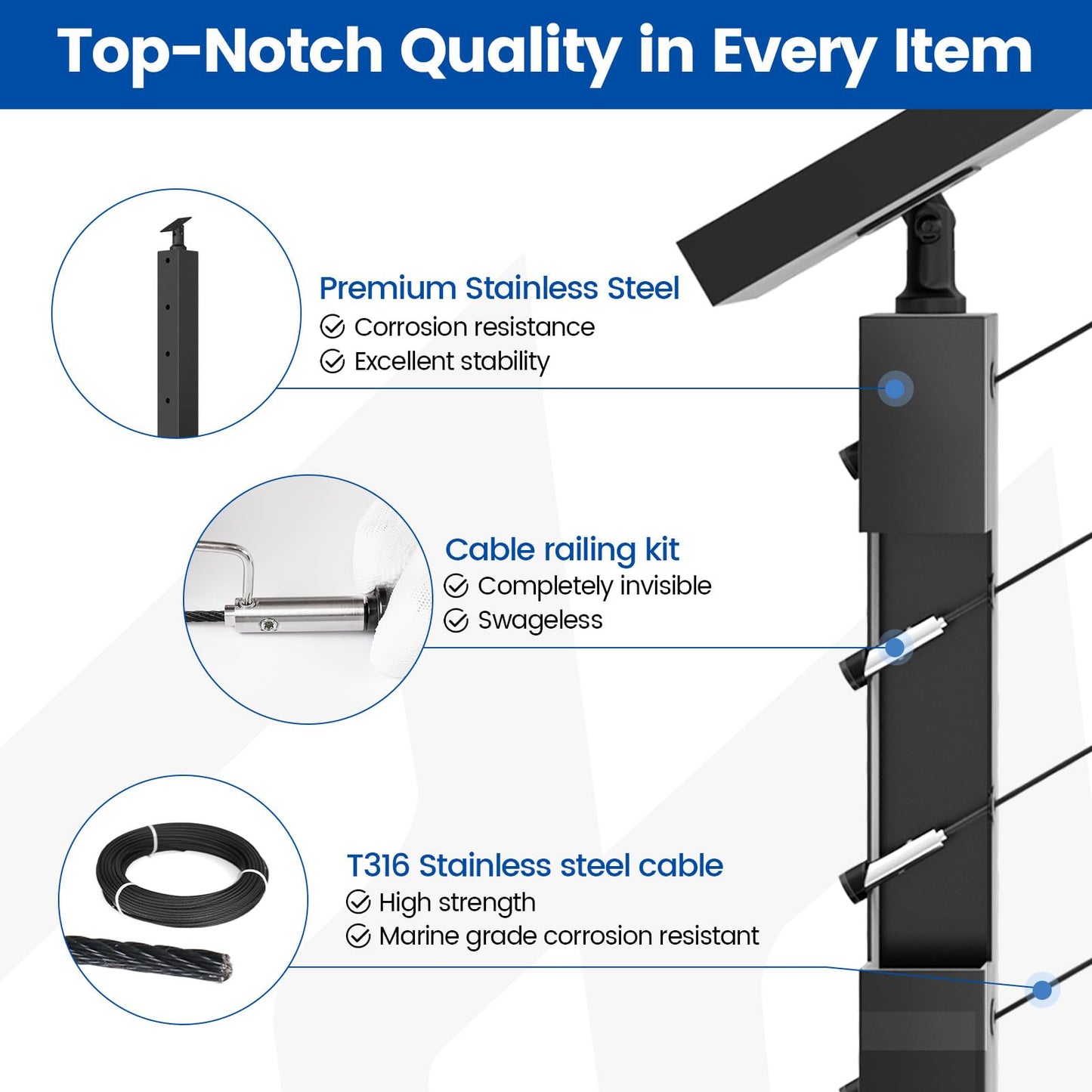 Muzata 8-12FT Modular Black Cable Railing Kit 36 Inch 3 Stair Post Kit Complete Set Cable Railing System for Stairs Length Adjustable Easy DIY with Paper User Guide (No Handrail) RW25