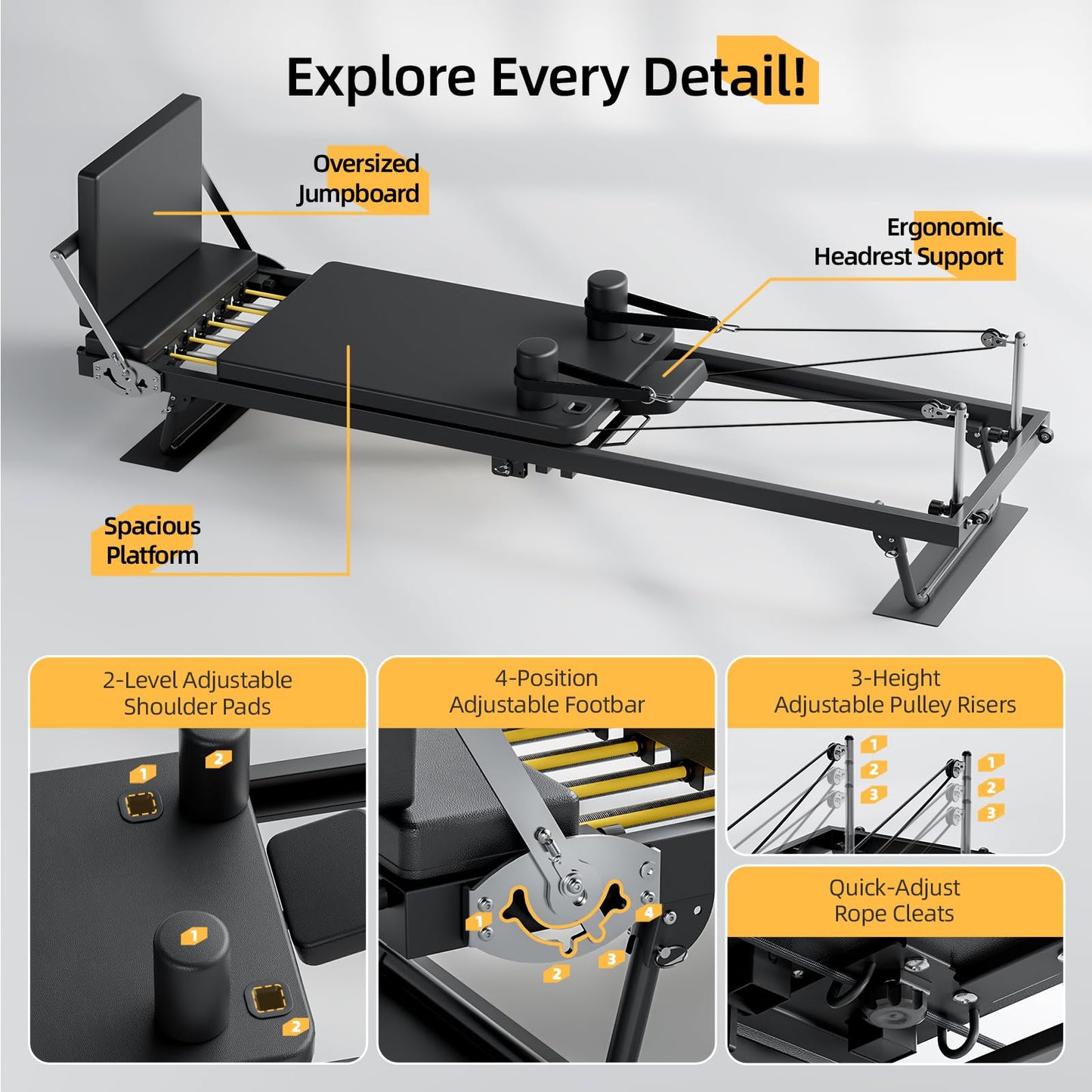 Buytime Pilates Reformer, 91" Foldable Pilates Reformer Machine with Jump Board & Dual Resistance, Reformer Pilates Machine for Beginners and Advanced Users, Up to 500 lbs Weight Capacity, Black