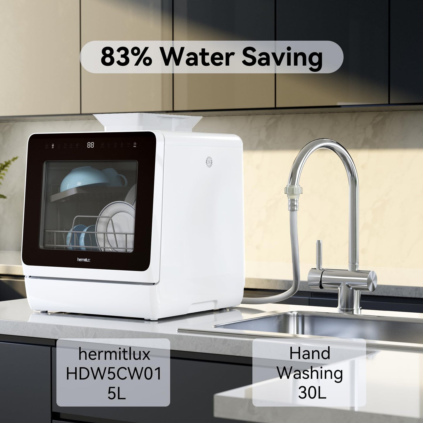 Hermitlux Countertop Dishwasher, 7 Washing Programs Portable Mini Dishwasher with 5-Liter Built-in Water Tank for Apartments & RVs, LED Light, Glass Door, No Hookup Needed