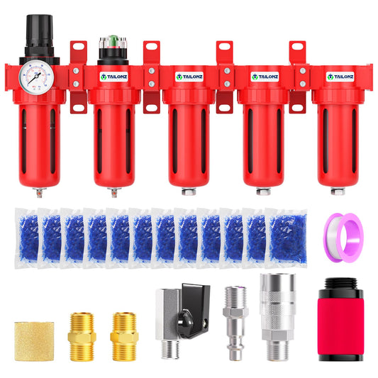 TAILONZ PNEUMATIC 0-150PSI 1/4 Inch NPT Red Industrial Grade 5 Stage Air Drying System, Particulate Filter, Coalescing Filter, Three Desiccant Dryer and Air Regulator (Manual Drainage)